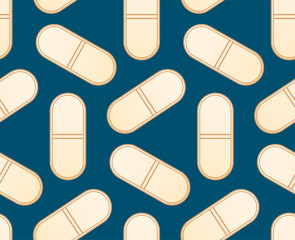 Flat style oval beige pills seamless pattern on blue background