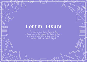 Stationery - horizontal card with text and vector outline illustrations of pencil, pen, ruler, scissors, eraser, marker, paintbrush, glue for graphic design