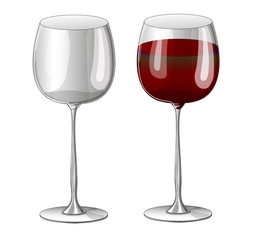 Stock vector illustration. Set. Two glasses - one empty transparent and a glass with red wine drawn on a white background