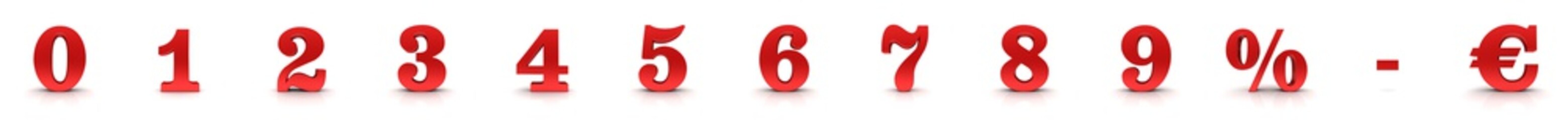 3d numbers red 0 1 2 3 4 5 6 7 8 9 euro sign percentage symbol minus icon