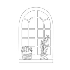 A pair of cactus in a pot on the window black and white icon