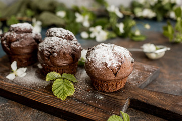 Delicious chocolate cupcakes on a wooden table