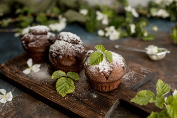 Delicious chocolate cupcakes on a wooden table