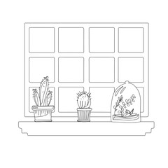 Three cactus in a pot on the window black and white icon