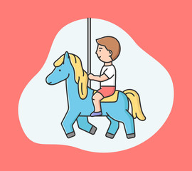 Attractions Park Concept. Happy Little Boy Ride Carousel In Entertainment Park. Kid Spending Time At Amusement Park, Riding Horse On Carousel. Cartoon Linear Outline Flat Style. Vector Illustration