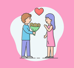 Concept Of Romantic Relationships. Man Is Giving Flowers To Woman. Excited Girl Is Looking At Boy. Couple in love Have Romantic Date Together. Cartoon Linear Outline Flat Style. Vector Illustration