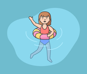 Concept Of Summer Holiday Vacations. Cool Woman Is Swimming In Swimming Pool Or In The Sea In Rubber Ring. Girl Enjoying Spending Time On Vacations. Cartoon Linear Outline Flat Vector Illustration
