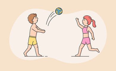 Active Sport And Healthy Lifestyle Concept. Young Cheerful Girl And Boy Play Volleyball On The Beach During Summer Vacations. Sports Team Games. Cartoon Linear Outline Flat Style Vector Illustration