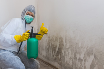 Female worker using spray bottle with mold removal products and showing thumb up.