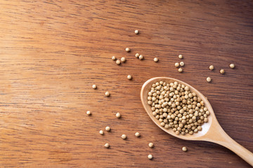 Coriander seed, spices, in wooden spoon on rustic wood table background