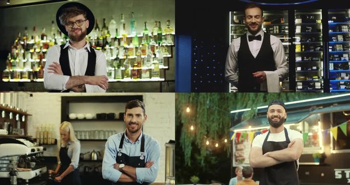 Collage of different Caucasian male employees at work. Handsome barkeeper in restaurant. Classy male sommelier at workplace. Male and female baristas in cafe. Waiter standing in front of food truck