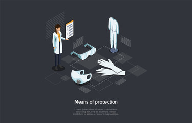 Isometric Concept Of Means Of Virus Infections Protection, Healthcare And Medicine. Woman Pharmacist Stands Near Protective Face Mask And Suit, Rubber Gloves With Goggles. Cartoon Vector Illustration