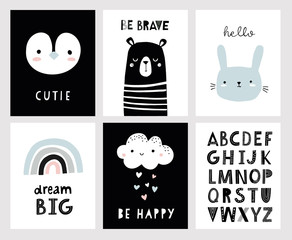 Nursery or kids posters in scandinavian style with hand drawn letters. Cute hand drawn illustration for baby shower invitation, greeting card. Alphabet, bear, cloud, rainbow, penguin.