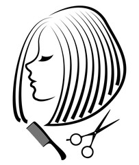 Silhouette of a cute lady. The girl shows a hairstyle on medium and long hair and scissors. Suitable for logo, hairdresser advertising. Vector illustration.