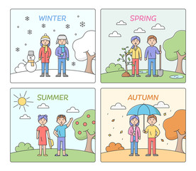Concept Of Seasons. People Leisure And Clothes According To Time Of The Year. Summer, Autumn, Winter And Spring With Male And Female Characters. Cartoon Linear Outline Flat Vector Illustrations Set