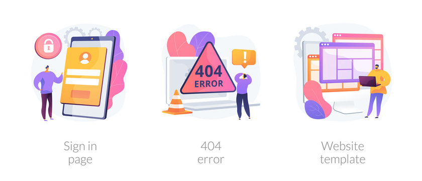 Website page interface abstract concept vector illustration set. Sign in page, 404 error, website template, user login form, UI, new account registration, landing page, web design abstract metaphor.