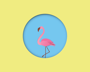 Flamingo bird on blue background with yellow circle frame in paper cut style. Digital craft paper art.