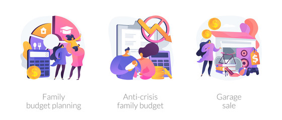 Family budget planning abstract concept vector illustration set. Anti-crisis family budget, garage sale, economic decision, family income, budget saving, flea market, second hand abstract metaphor.