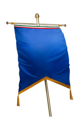 Blue banner, pennant or pennon on white background, fluttering in the wind.