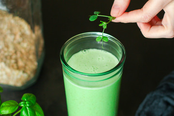 green smoothie detox cocktail antioxidant diet (organic fruit vitamins, vegetarian drink) menu concept background. top view. copy space for text