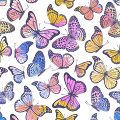 Vintage seamless pattern with pastel watercolor butterflies on white background - 347905396