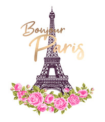 Fototapeta na wymiar Bonjour Paris illustration with Eiffel Tower, gold lettering and pink roses flowers. France symbol on white background