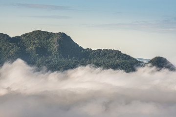 Sea of mist, mountains above the clouds with green forests and mountains ridge and mountains peak. Beautiful in nature landscape, Mae Moei national park, Tak province, Thailand. 