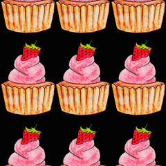 pink or red cake with strawberries, chocolate biscuit, sweet, light, tasty, mouth-watering, summer, dessert, children's, holiday