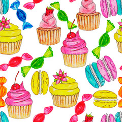 sweet day. lollipops, sweets, french, almond, macaron, pink or red cake with strawberries and cherries,chocolate biscuit,sweet, light, tasty, mouth-watering, summer, dessert, children's.seamless.