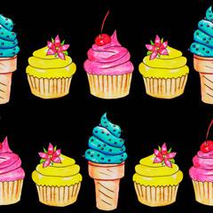 ice cream, blue, sweet, light, tasty, mouth-watering, summer, dessert, children's, festive in a waffle cone and two cakes yellow and pink with cherry and vanilla flower