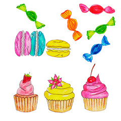 sweet day. lollipops, sweets, french, almond, macaron, pink or red cake with strawberries and cherries,chocolate biscuit,sweet, light, tasty, mouth-watering, summer, dessert, children's, holiday