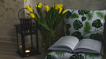 Wiosenny relaks - tulipany i książka  - obrazy, fototapety, plakaty
