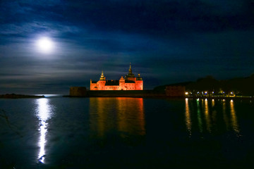 Kalmar, Sweden  The grounds of the Kalmar Castle at night and moonlight.