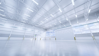 Hangar or industrial building. Protection with security door, roller door or roller shutter. Modern interior design with concrete floor, steel wall and empty space for industry background. 3d render.