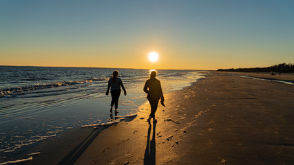 silhouetted beach walkers casting long shadows on ocean by cloudless sun