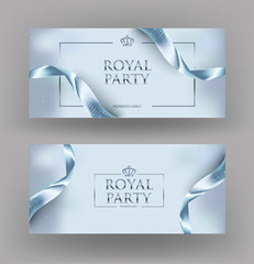 Elegant blue invitation card with sparkling ribbons and crown. Vector illustration