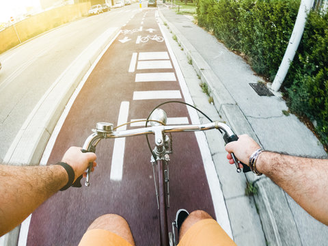 Personal Point Of View Of A Man During His Bicycle Trip In A Bicycle Lane - POV