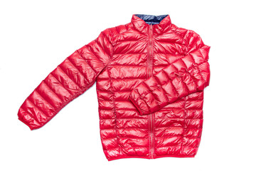Blue and red full zipper windbreaker down jacket, rain proof down jacket. Down jacket sport shiny nylon full zip isolated on white. 