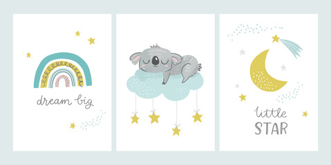 Cute nursery and kids posters including moon, clouds, star, rainbow, sleeping koala bear and phrases: dream big, little star. Vector illustrations for baby shower cards, invitations, greeting cards. © mgdrachal