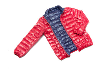 Blue and red full zipper windbreaker down jacket, rain proof down jacket. Down jacket sport shiny nylon full zip isolated on white. 