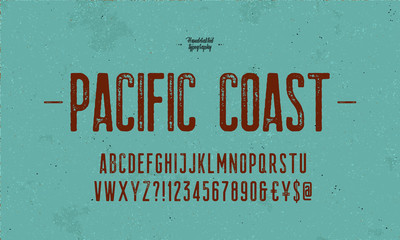 Vintage Handcrafted Font and Alphabet. Textured with The effect of an old worn out decals letters. Vector Illustration.