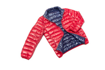 Blue and red full zipper windbreaker down jacket, rain proof down jacket. Down jacket sport shiny nylon full zip isolated on white. 