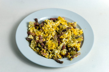 eggs with bacon, cheese and onions
