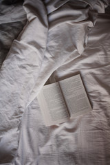 open book, linen, open, home, relax, soft, lifestyle, relaxation, still life, modern, one book, isolated, books isolated, book, bed, texture, copy space, coziness, text, top view, literature, inspire 
