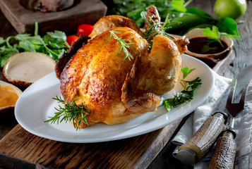 Whole Roasted Chicken on white plate with rosemary, sauces and vegetables