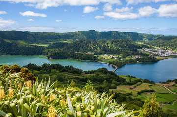 View to Green Lake and Blue Lake (Lagoa Verde and Lagoa Azul), Ponta Delgada, Sao Miguel island, Azores, Portugal  - Powered by Adobe