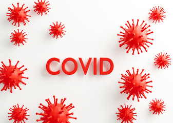 3d render illustration. Volumetric red inscriptione COVID and 3d model virus on a white background . Concept, template design layout for combating the coronovirus pandemic COVID-19 