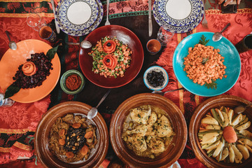 Overhead view of moroccan food on table