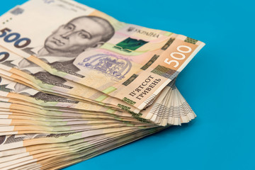 pile of 500 banknotes ukrainian money as financial background. Money and save concept