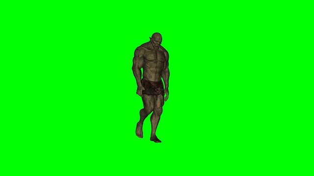 3D model orc steps with club, green background, animation